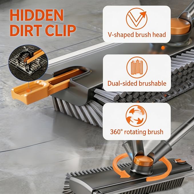 3-in-1 Floor Scrub Brush with Long Handle, Rotating Head Squeegee & Tweezer | Stiff Dual-side Bristle, 50'' Extension Pole, Stainless Steel, Multi-Surface for Shower Tile Patio Kitchen Deck Cleaning