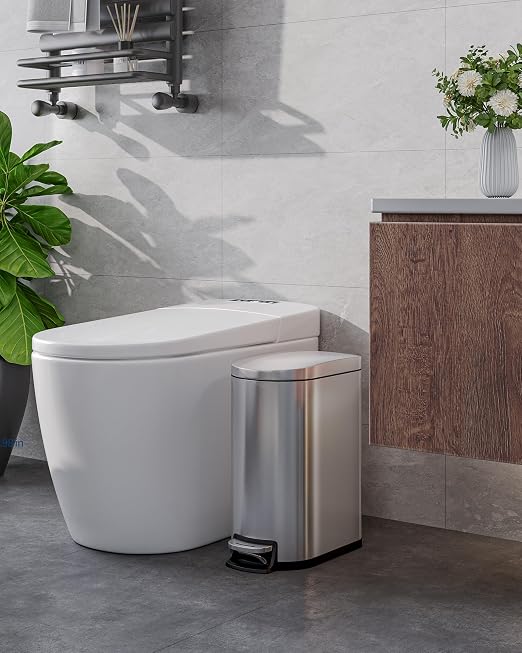 Garvee 2.6 Gallon / 10L Slim Stainless Steel Bathroom Trash Can with Lid, Step-On Pedal, Soft Close, Inner Bucket, Waterproof Small Garbage Bin for Bedroom, Silver