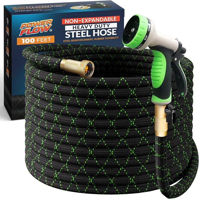 PowerFlow Garden Hose, NON-EXPANDABLE 100ft Premium Quality Stainless Steel Metal Water Hose with Durable Fabric Skin, Hose For Commercial, Residential Use, Bonus 10-way Spray Nozzle (100 Ft, Black)