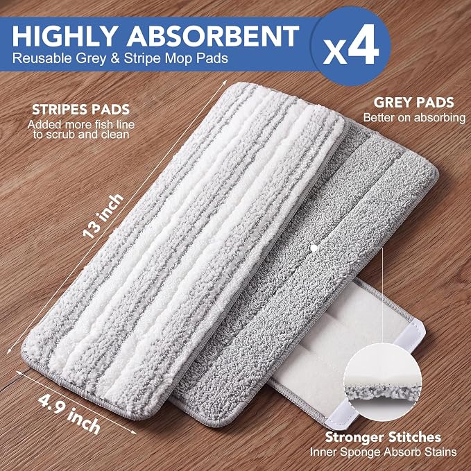 4 Pack 13"×4.9" Mop Replacement Pads Compatible with JOYMOOP Flat Mop | Washable Microfiber Refills, Wet & Dry Use, Hook-And-Loop Backing, Scratch-Free On Hardwood, Tile, Vinyl And Laminate Floors