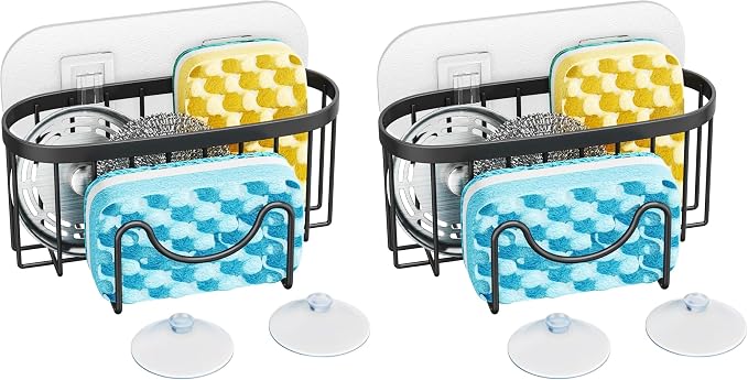 HapiRm Multifunctional Sponge Holder with Unique M-Shaped, 2 Installation Methods Kitchen Sink Caddy Organizer, Rustproof Stainless Steel Kitchen Organizers and Storage Essentials - Black (Pack of 2)