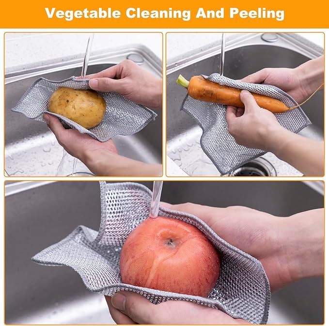 Inkhut Non Scratch Wire Dishcloth, Multipurpose Wire Dishwashing Rag for Wet and Dry, Multifunctional Dish Rags for Washing Dishes, Reusable Steel Wool Scrubber for Kitchen Cleaning