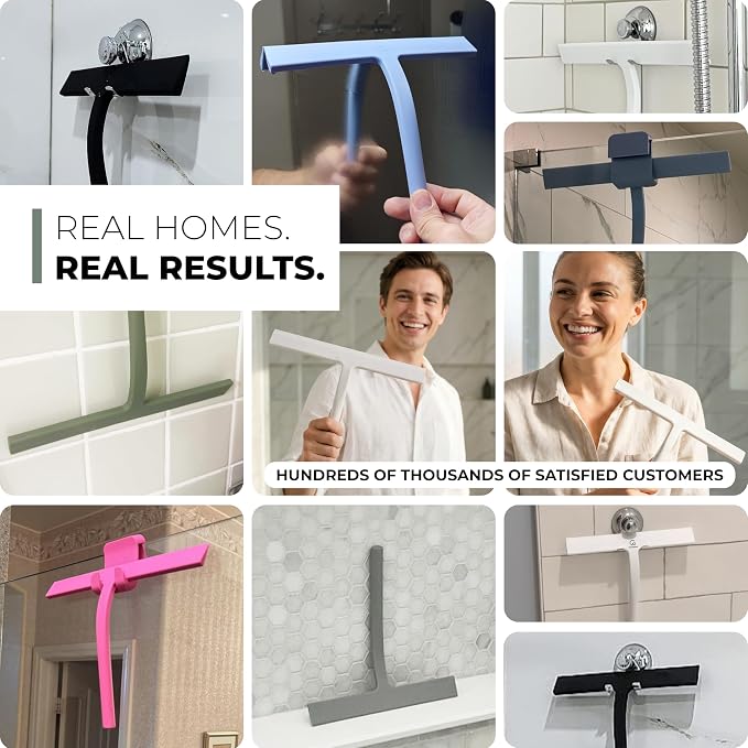 Silicone Shower Squeegee with 3-in-1 No-Drill Mount, Black, 11'' | Squeegee for Glass Doors & Mirrors with Stainless Steel Core, Streak-Free & No-Squeak Window Cleaning, Hook/Suction/Adhesive