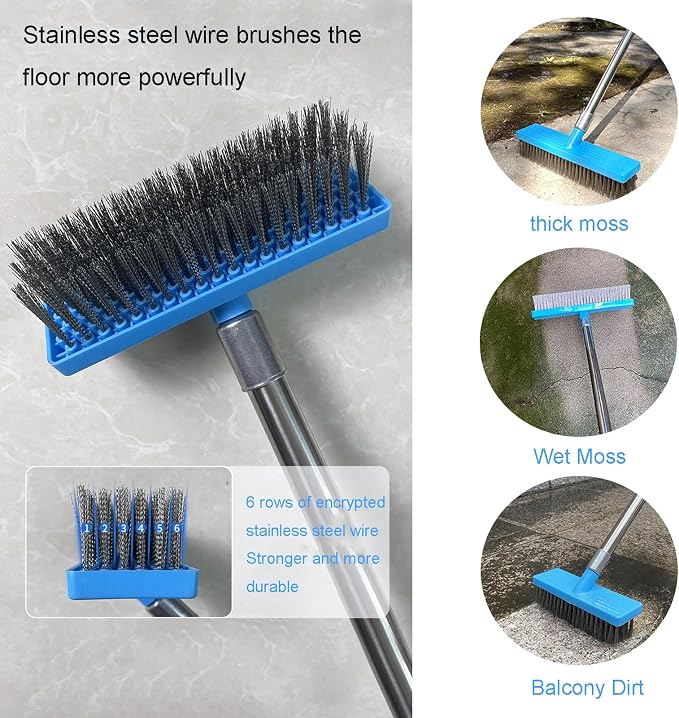 65" Long Handle Pool Brush - Heavy Duty Stainless Steel Wire Bristle Scrubber for Concrete Floor, Patio, Swimming Pool - 45° Angled Head, Long Handle Deck Broom