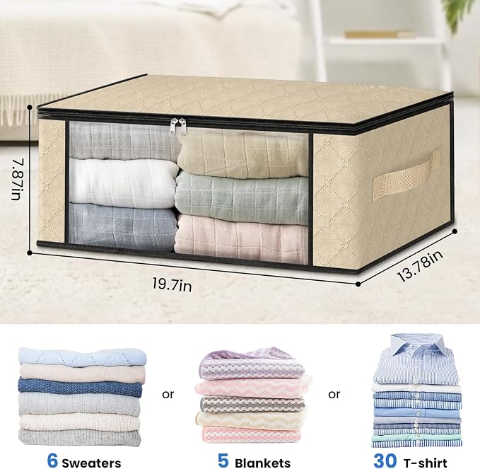 HomeHacks 4-Pack Clothes Organizer Storage Bags, 35L Storage Bins, Beige | Foldable Storage Box Container with Zippers, Clear Window, Reinforced Handles for Closet, Dorm, Pillows, Bedding, Sweater