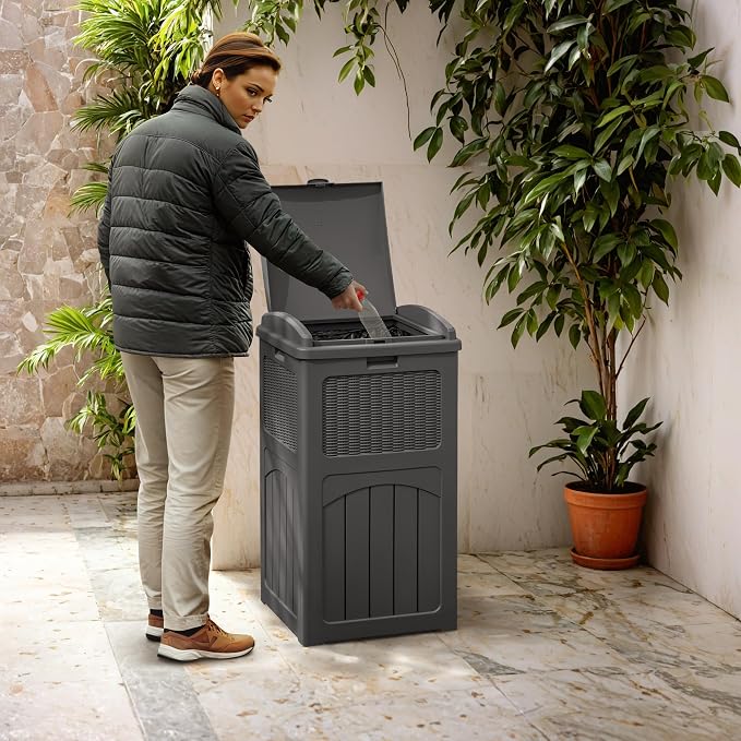 Greesum 33 Gallon Outdoor Trash Can with Lid, Waterproof Design, Gray | Resin Garbage Bin for Hideaway, Deck, Patio