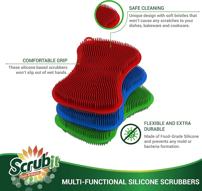 Silicone Scrubbing Pad Sponges by SCRUBIT - Real Silicon Non Scratch Kitchen Scrubber - Non Smell Cleaning Sponges for Kitchen Dishes - Reusable Soft Dish Sponge - Blue Red Green Pads (3 Pack)