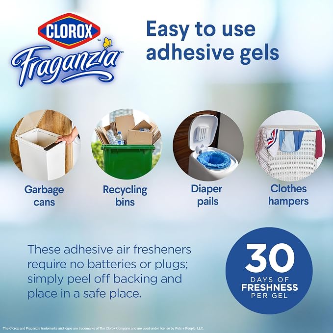 Clorox Fraganzia Stick-On Gel Fresheners, Lavender Eucalyptus, 6 Count | No-plug, battery-free odor absorber lasts up to 30 days; for trash cans, kitchens, and closets
