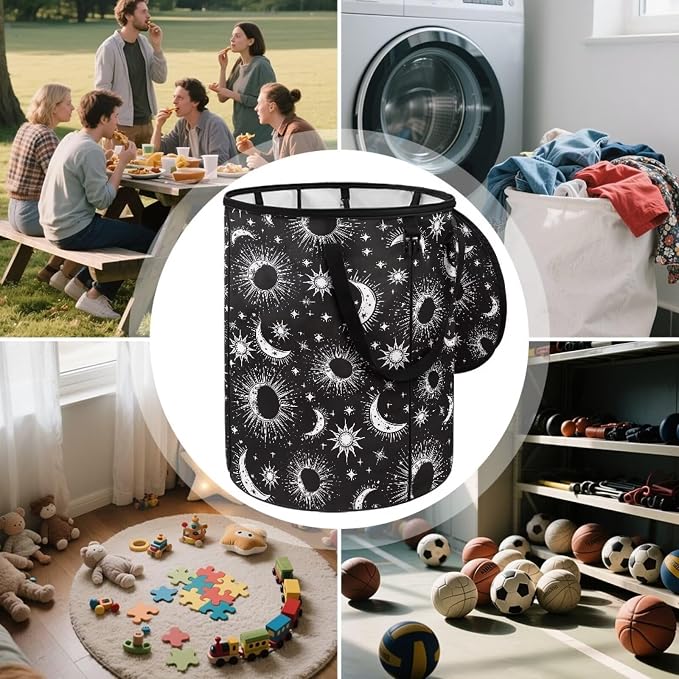 Gothic Sun Moon Pop up Outdoor Garbage Can 24 Gallon Collapsible Camping Trash Can with Zipper Lid Reusable Heavy-Duty Polyester Trash Bin for Campsites Boat Backyard Parties