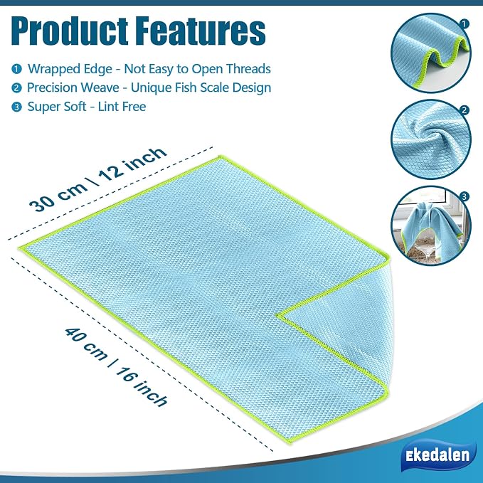 Microfiber Cleaning Cloth Lint Free Glass Polish, Blue & Grey | Fish Scale Window Cleaning Cloth, Streak Free, Reusable for Glass Mirror Kitchen Dish, 16 x12 in, 8 Pcak