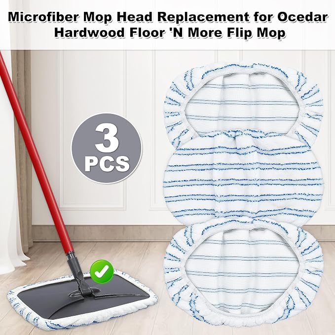 Mop Heads Replacements for Ocedar Hardwood Floor 'N More Microfiber Mop, 3 Pack Mop Refills for O-Cedar Hardwood Floor 'N More Microfiber Mop, 15 x 8 Flat Dust Mop Heads Pads for O Cedar Mop