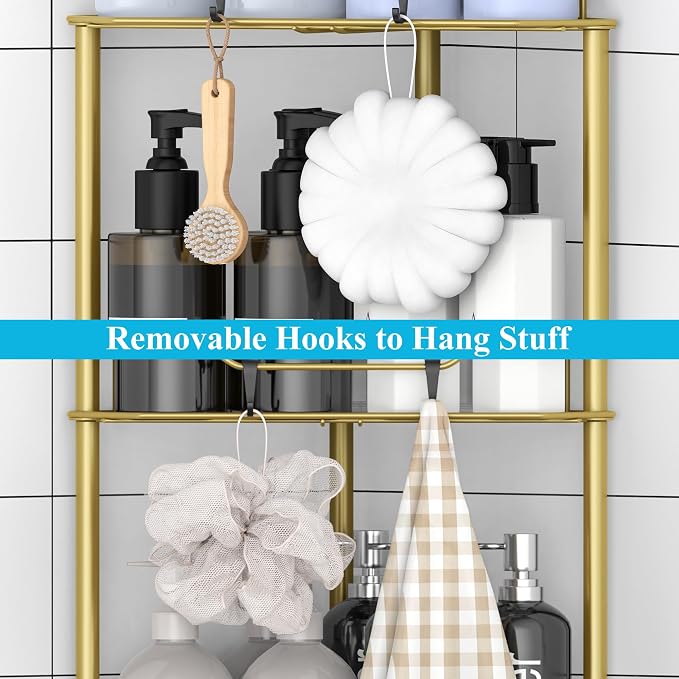 HuggieGems Metal Floor Standing Corner Shower Caddy, Gold, 4 Tier | Adhesive Bathroom Organizer Shelves, Free Standing Shower Rack with Hooks, Hold Large Shampoo Bottles