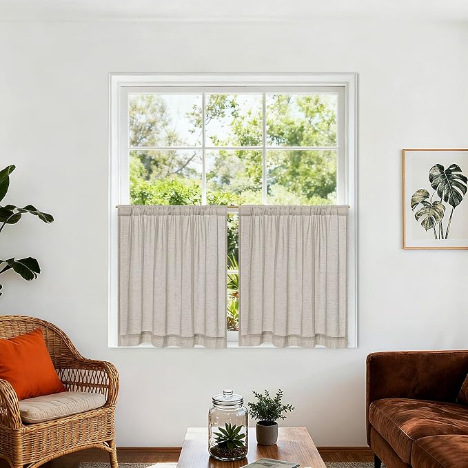 Small Window Curtains for Kitchen 30 Inches Long 2 Panels Semi Sheer | Light Filtering, Boho, RV Camper Curtain, Rod Pocket Drapes, for Living Room, Half Windows, Burlywood Birch, W25XL30 Inches
