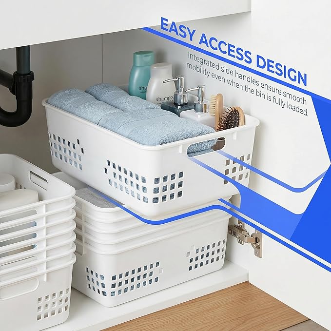 Jucoan 6 Pack White Plastic Storage Baskets, 12 X 8 X 4 Inch Large Plastic Storage Organizer Tray Bin with Handles for Classroom, Drawer, Closet, Bathroom Kitchen