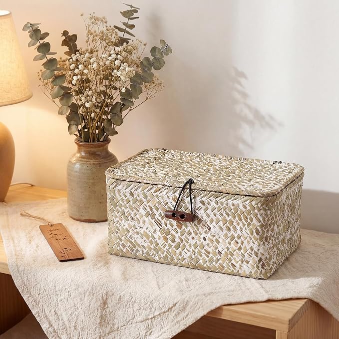 Hipiwe Mini Seagrass Shelf Basket with Lid Decorative Woven Box, 7x4.3x3.3" | Wicker Storage Bins for Shelf Home Decor, Multipurpose Desktop Basket Organizer for Keys Remote Control, Whitewash
