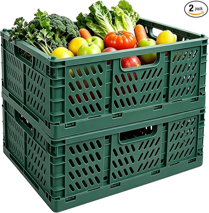 Tobeso-Nuoze 2 Pack Pastel Plastic Storage Baskets-20L Space-Saving Bins | Plastic Collapsible Storage Crates Foldable Plastic Crates for Storage Collapsible Crates for Organizing (Dark Green)