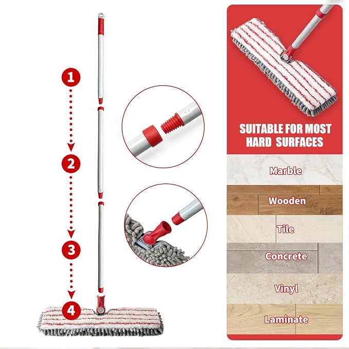Microfiber Flat Mop 360° Rotating for Floor Cleaning, Wet Dry Dust Mop with 2 Washable Chenille Pads, Coated Iron Pole, Hardwood Floor Wall Baseboard Cleaner, Quick Shine Floors Finish