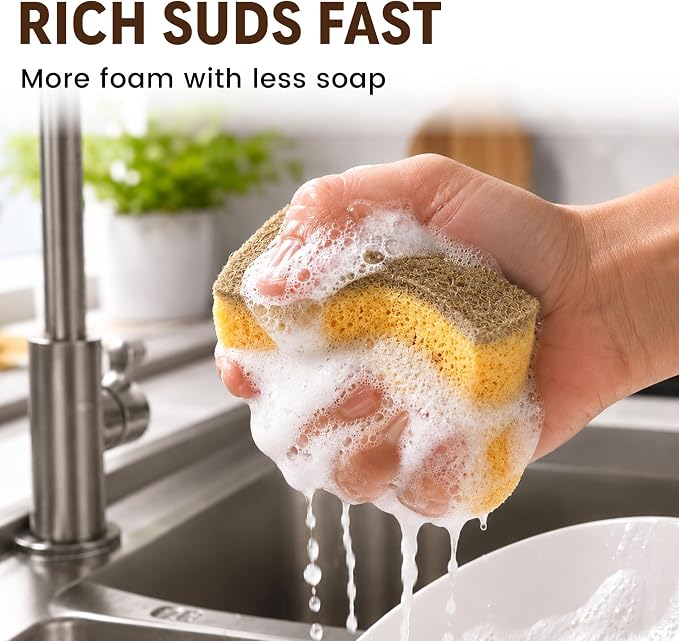 Natural Kitchen Sponges for Dish, 6 PCS Cellulose Sponge with Coconut Fiber | Natural cellulose & coconut fiber, Non-scratch cleaning, Rich lasting foam, Flexible design, Easy-grip shape, 6-pack value