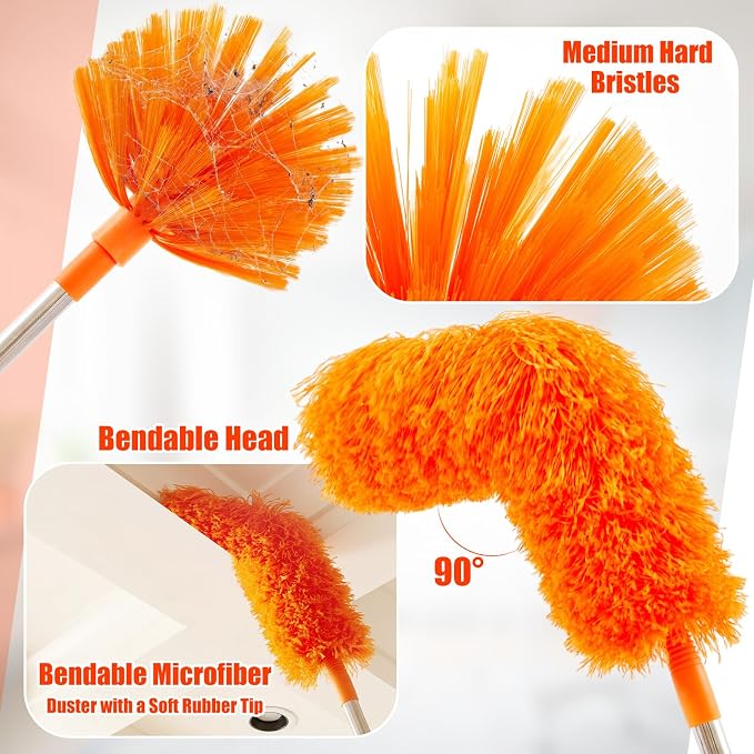 36 Feet High Reach Duster Kit with 2-30 ft Extension Pole High Ceiling Dusting and Window Cleaning Kit with Window Washer & Squeegee, Cobweb Duster, Washable Head for Ceiling Fan