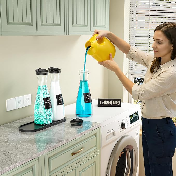3 Pack Laundry Detergent Dispenser Container, 54OZ Laundry Soap Dispenser | with Tray, Black Laundry Room Organization for Powder, and Fabric Softener