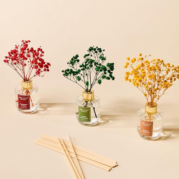 Reed Diffuser Set of 3, Coconut Pineapple Lemon Eucalyptus Cranberry Apple Oil Reed Diffusers for Bedroom Living Room Office Aromatherapy Oil Reed Diffuser for Gift 50ml x 3