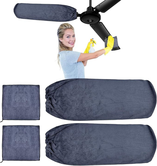4 PCS Ceiling Fan Duster Kits,100% Microfibre Fan Blade Cleaner for high Ceiling Fan Blades.Machine Washable and Reusable,Includes 2 Ceiling Fan dusters and 2 Microfibre Towels（Grey） (Grey)