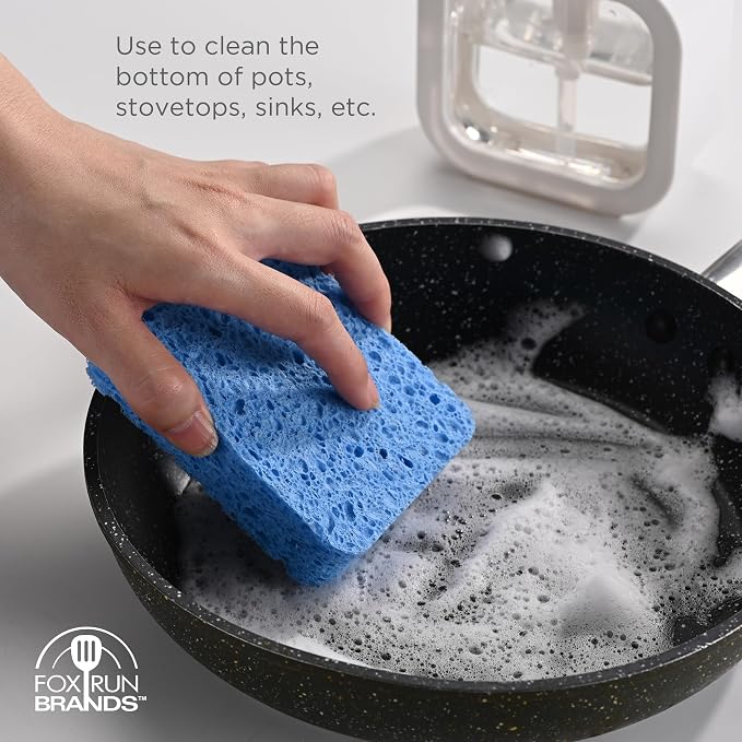 Fox Run Blue Natural Dish Sponges, Set of 12 Non Scratch Kitchen Sponges | Easily Clean Plates, Pots & Glasses | Dish Sponges For Nonstick Pans | Kitchen Cleaning | Reusable Kitchen Scrub Sponge Set