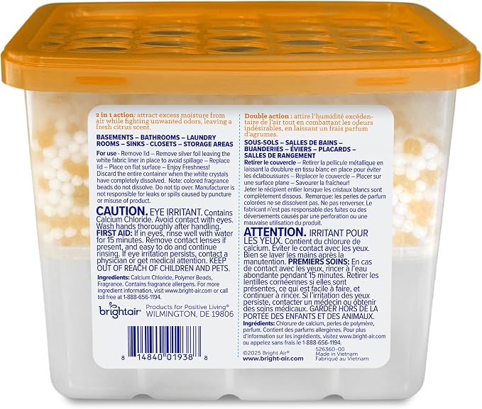 Bright Air Mandarin Orange & Fresh Lemon, 2-in-1 Moisture Absorber & Odor Eliminator, Case of 4, Lasts up to 60 Days Each
