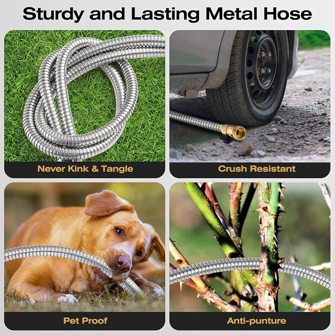 25FT Stainless Steel Metal Garden Hose - Lightweight, Kink-Free & Tangle-Free, Flexible with Brass Fittings, On/Off Valve, Pet Proof, Puncture Proof for Yard, RV, Car Washing (Silver)