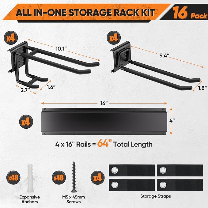 Nacial Heavy Duty Garden Tool Organizer Metal Wall Mount, 64 inches | 600lbs Alloy Steel Tool Storage Rack with Adjustable Hooks, Yard Shed Rack Holder System Hanging Rake Broom Mop Snowboard