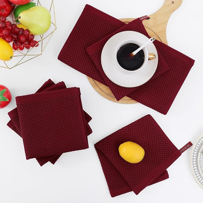 Homaxy 100% Cotton Waffle Weave Kitchen Dish Cloths 12-Pack, Burgundy | 12 x 12 Inches, Ultra Soft Absorbent Dish Towels, Quick Drying Dish Rags with Hanging Loop