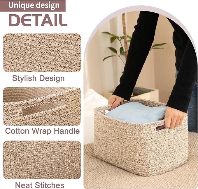 OIAHOMY 4 Pack Storage Baskets for Organizing 24L Cube Storage Bins Brown | Woven Baskets for Storage Rectangle Small Baskets With Handles Baskets for Shelves Wicker Baskets for Shelves 16x12x8inch