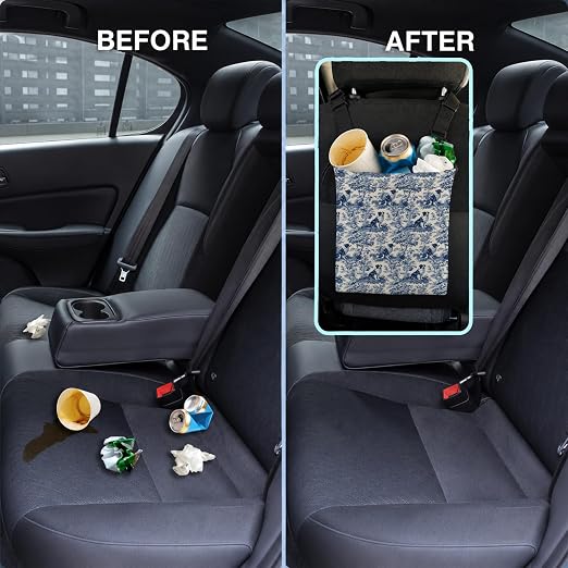 Chinoiserie Border Collie Car Trash Bag Hanging for Back Seat | Blue and White Dog Canvas Drawstring Car Garbage Bag with Adjustable Buckle Vehicle Trash Can