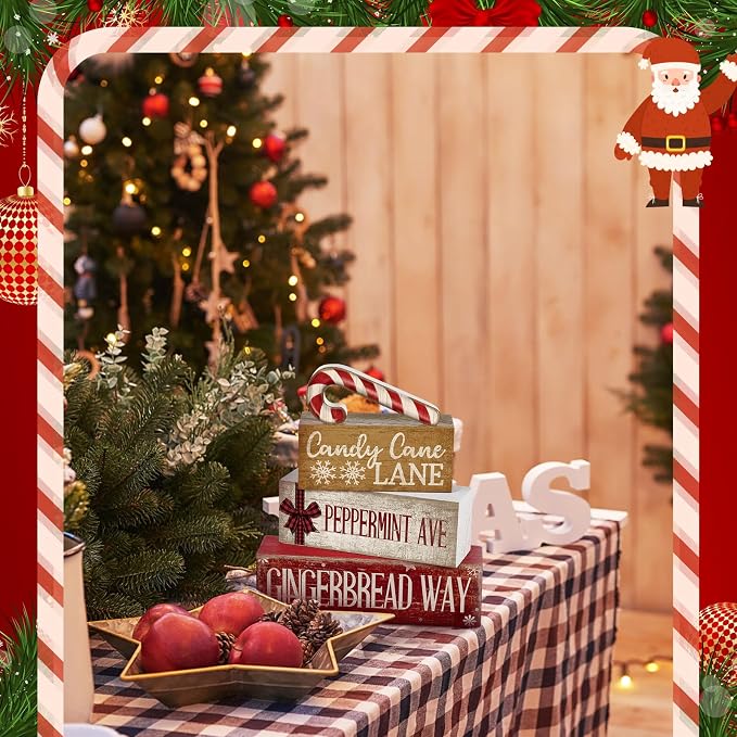Moucuny 4 Pcs Christmas Table Decor Wooden Candy Cane Decoration Farmhouse | Tiered Rustic Design with Candy Cane, Shelf Decor for Kitchen or Living Room, Holiday Centerpiece, Farmhouse Gift