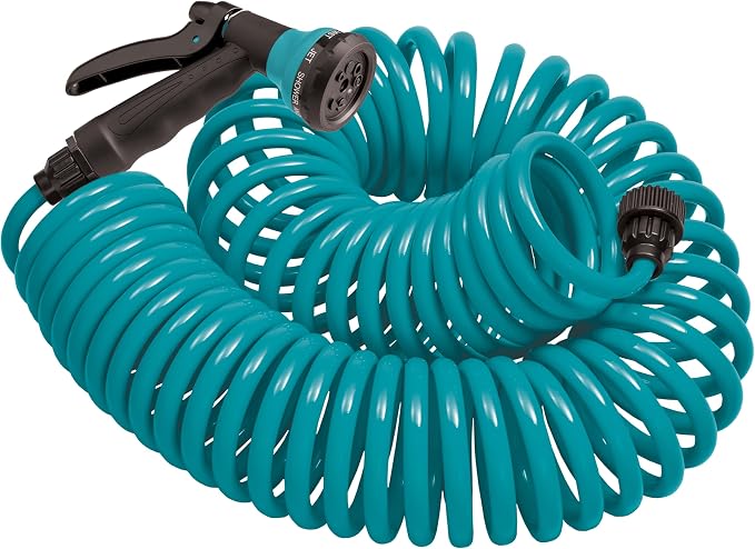 Orbit 26381 Coil Garden Hose, 25 Feet, with 8-Pattern Hose Nozzle (Blue) | Flexible Coil Garden Hose with 8-Pattern Spray Nozzle for Lawn & Garden Watering, Lightweight & Easy to Store