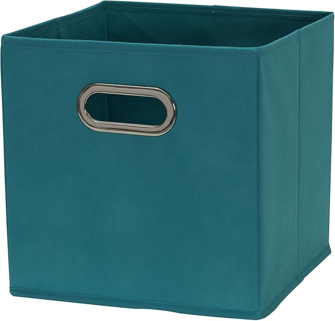 Household Essentials Fabric Storage Bins in Strong Poly‑Woven Fabric, Sturdy Chipboard Sides, Grommet Front Handle, Teal Green, Set of 6
