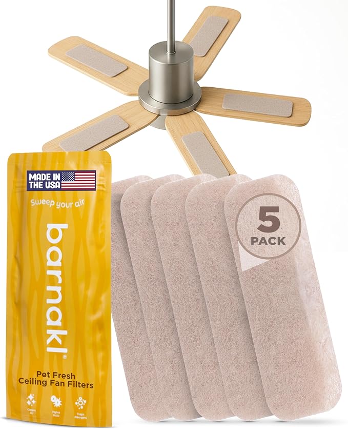 Barnakl Pet Fresh Ceiling Fan Filters for Blades, Pet Odor & Dander, 5 Pack | Zeolite Air Purifier Pads, Pet Odor Eliminator, Traps Pet Hair, Dust & Dander, Odorless, Easy-Stick Universal Fit