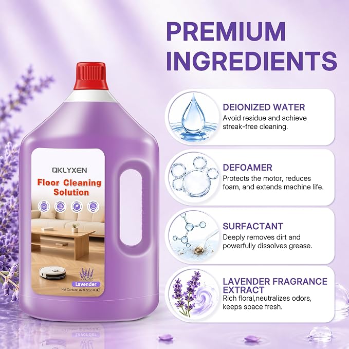 82 FL OZ Lavender Scent Floor Cleaning Solution Compatible with Roborock | Rich, Long-lasting Fragrance, 2.4 L Floor Cleaner for All Robot Vacuums with Mopping & Cordless Wet/Dry Vacuum Mop Cleaner