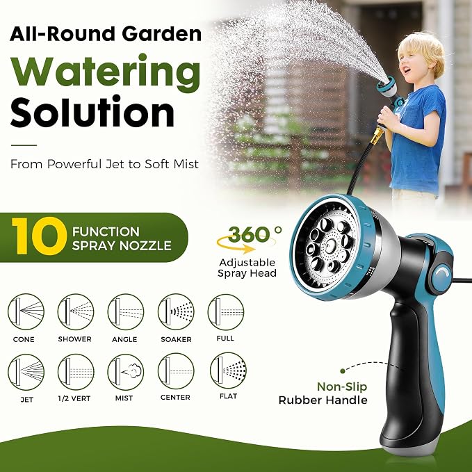 Garden Hose 25FT, Lightweight Flexible Water Hose | Solid Brass Fittings,10 Function nozzle, Wear Resistant, Non-Expandable, Yard, Lawn, Car Washing