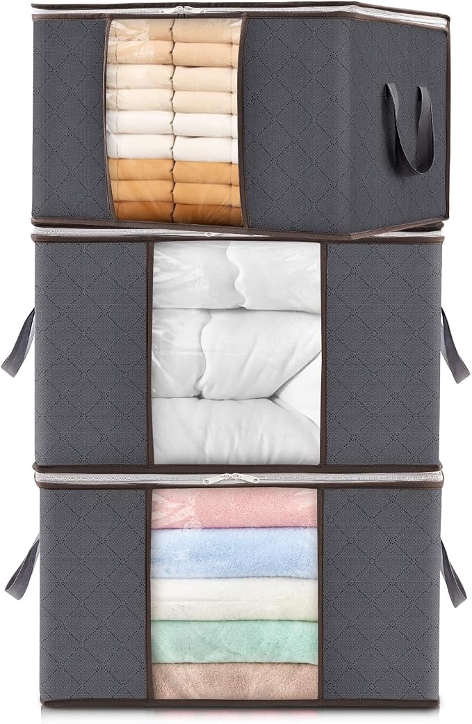 Lifewit 3 Pack 60L Clothes Storage Bins with Lids, Foldable Blanket Storage Bags with Zippers, Clear Window and Reinforced Handles, Closet and Organization for Clothing, Sweater, Comforter, Bedding