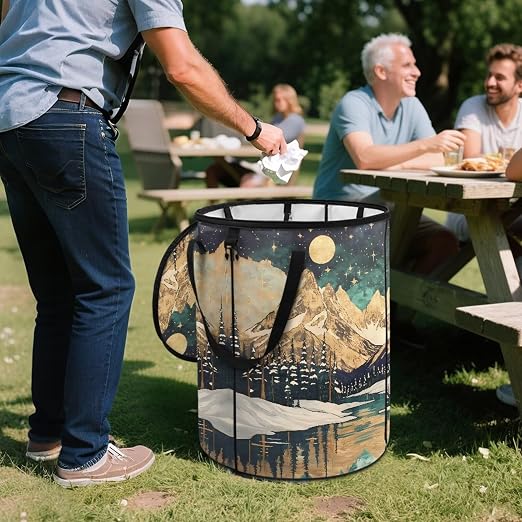 Mountain Lake Printed Outdoor Trash Can with Lid Large Collapsible Trash Can for Car Waterproof Garbage Bags for Bedroom, Yard, Camping, Picnic Home Decoration