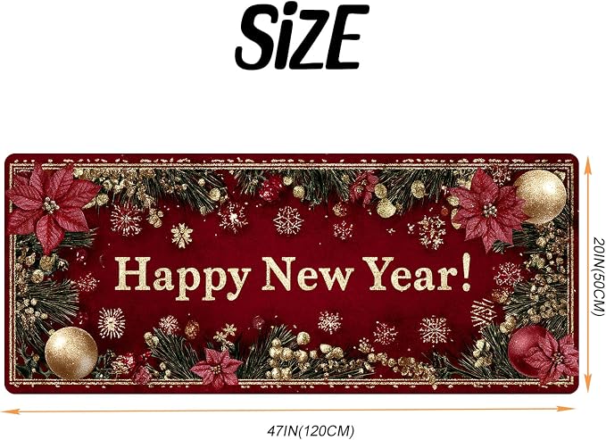 ANNA QUEEN Happy New Year Laundry Room Rug Runner 20x47 Inch -Waterproof Non-Slip Red Poinsettia Floor Mat for Front Load Washer Dryer,Washable Kitchen Decor, Machine Washable