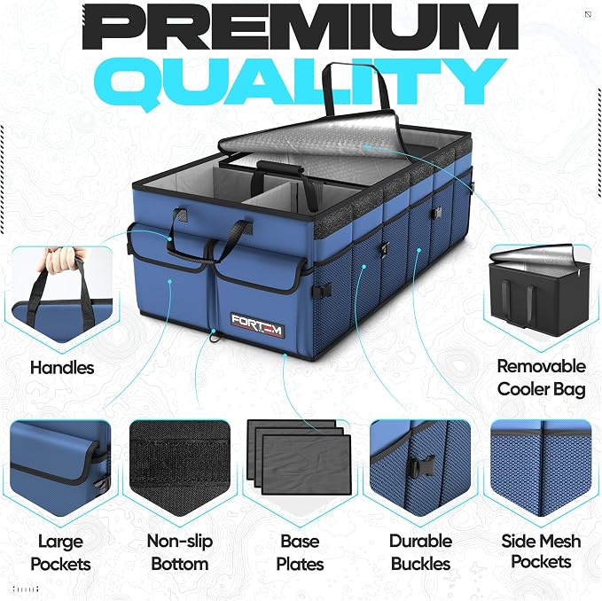 FORTEM Trunk Organizer - Foldable Car Organizer with Cooler for SUV, Trucks | Car Accessories for Men Women, Collapsible Bag, Non Slip Bottom, Straps, Soft Cover, 600D Oxford, Blue, 6 Compartments, 105L