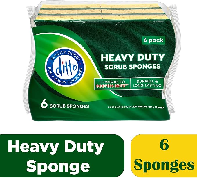 Ditto Heavy Duty Scrub Sponges (6 Pack) - Extra Durable and Long Lasting - Safe on All Surfaces… (Yellow)
