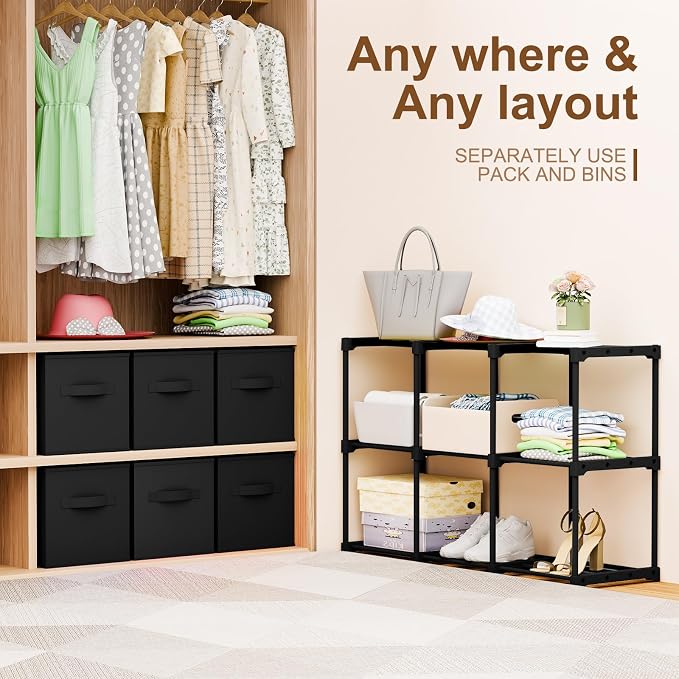 Briwooody 9 Cube Storage Organizer Bins with Shelf, Black | 11x11'', Storage Organizer, Toy Storage Box, Back to School, Dorm Organizer, Fabric Drawers, Playroom Bedroom Storage Cabinet