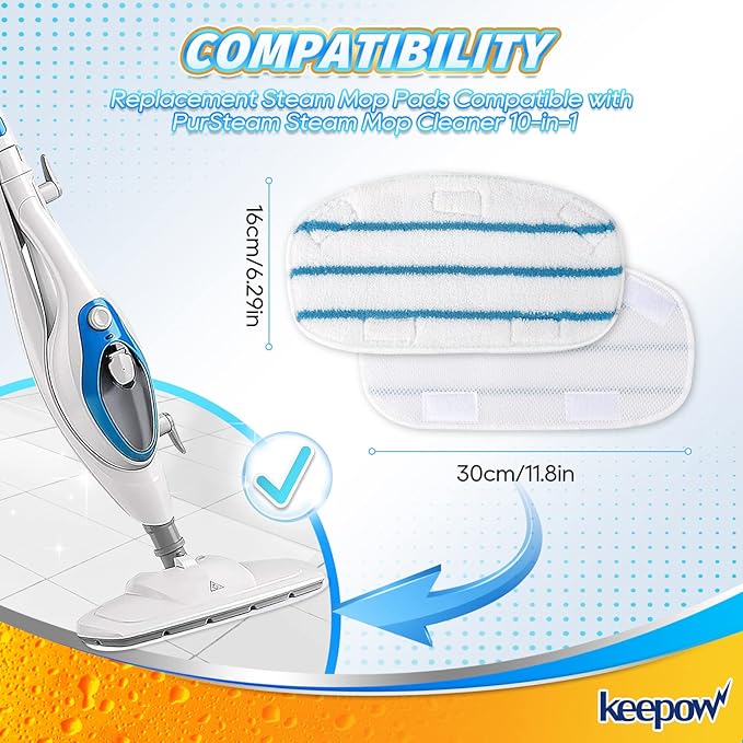 KEEPOW Steam Mop Pads Set Compatible with PurSteam ThermaPro 10-in-1 | 4 Pack Steam Mop Pads & 2 Universal Microfiber Cloths, Washable Reusable Replacement Pads for Floor Cleaning