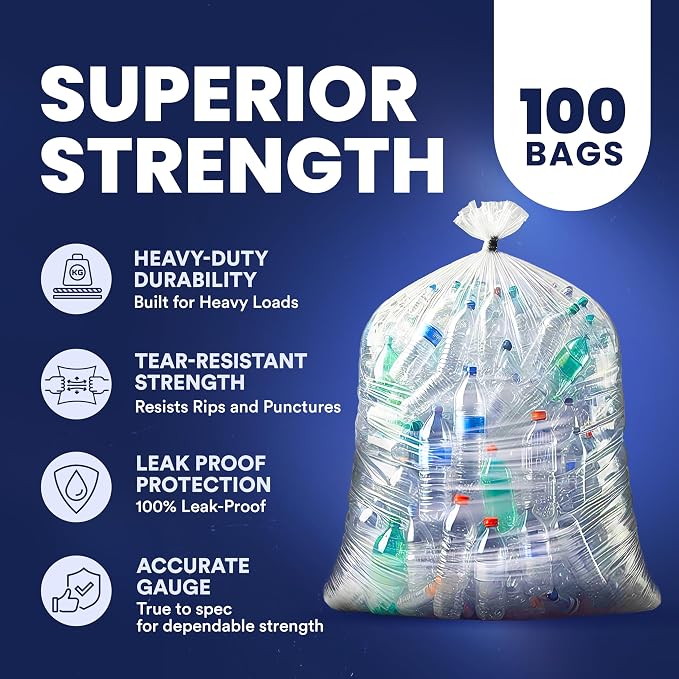 Plasticplace 55-60 gallon Trash Bags │ 1.5 Mil │ Clear Heavy Duty Garbage Can Liners │Rolls │ 38” x 58” (100Count)