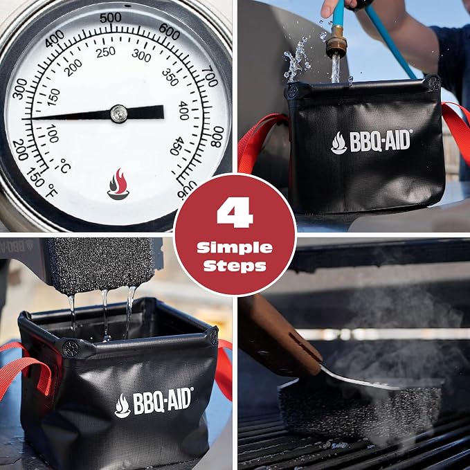 Bristle Free Grill Brush Cleaner and Scraper for Barbecue, Replaceable Head | Safe Bristle-Free Stainless Steel Scrub Pad with Heavy-Duty Scraper & Long Black Handle, Safe on Any Grill Grate