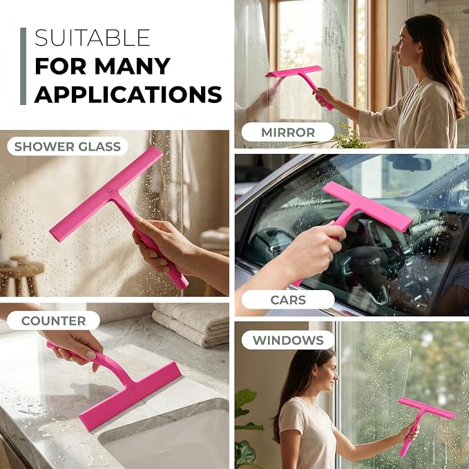 Silicone Shower Squeegee with 3-in-1 No-Drill Mount, Pink, 15'' | Squeegee for Glass Doors & Mirrors with Stainless Steel Core, Streak-Free & No-Squeak Window Cleaning, Hook/Suction/Adhesive