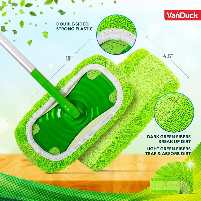 VanDuck Reusable Microfiber Mop Pads for Swiffer Sweeper (2-Pack), Green | Handle not included, machine washable wet & dry mopping cloths, mop head replacement floor cleaning
